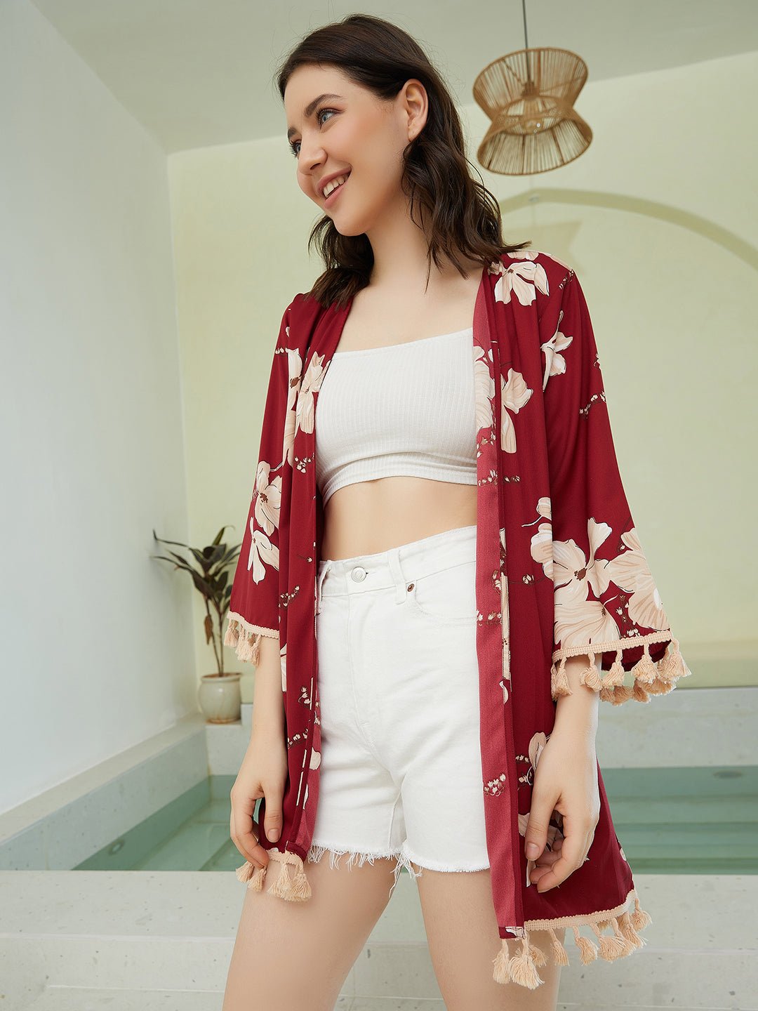Folk Republic Women Maroon & Beige Floral Printed Open-Front Neck Straight Hem Tasselled Longline Kimono - #folk republic#