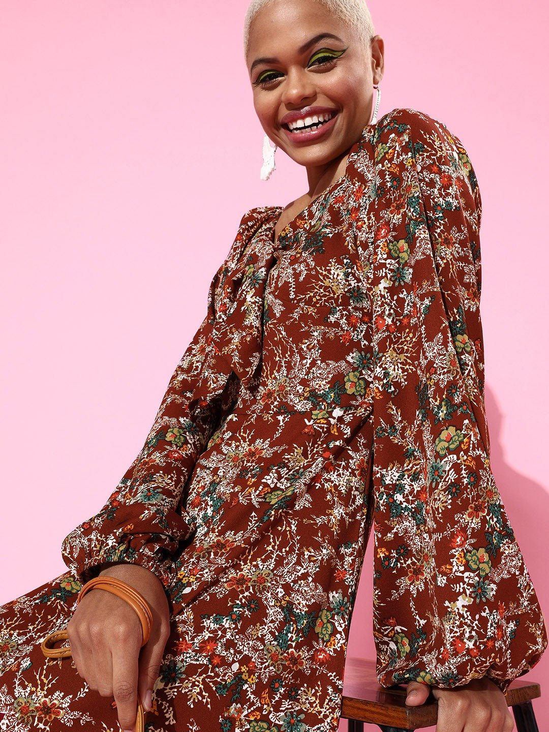 Folk Republic Women Maroon Ditsy Floral Printed Tie-Up Sweetheart Neck Flared A-Line Mini Dress - #folk republic#