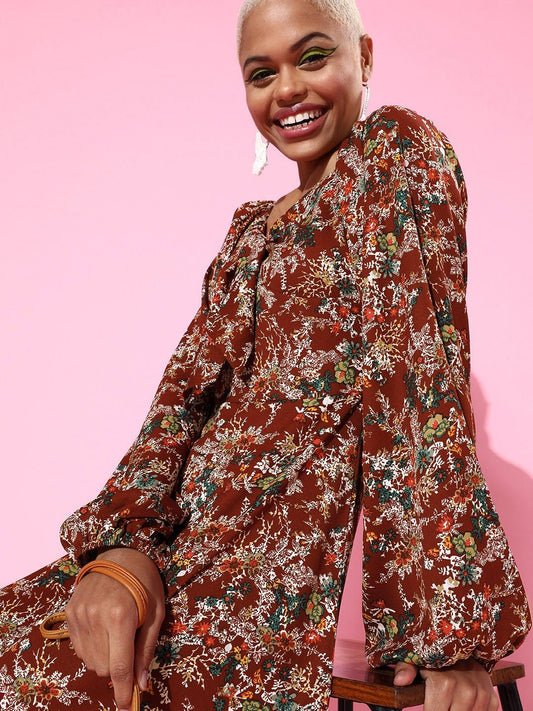 Folk Republic Women Maroon Ditsy Floral Printed Tie-Up Sweetheart Neck Flared A-Line Mini Dress - #folk republic#