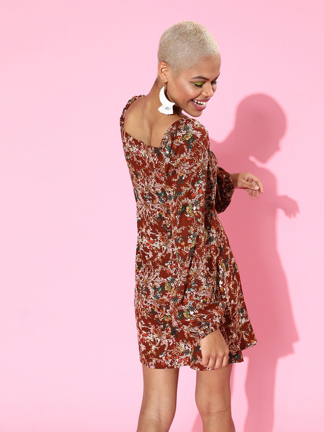 Folk Republic Women Maroon Ditsy Floral Printed Tie-Up Sweetheart Neck Flared A-Line Mini Dress - #folk republic#
