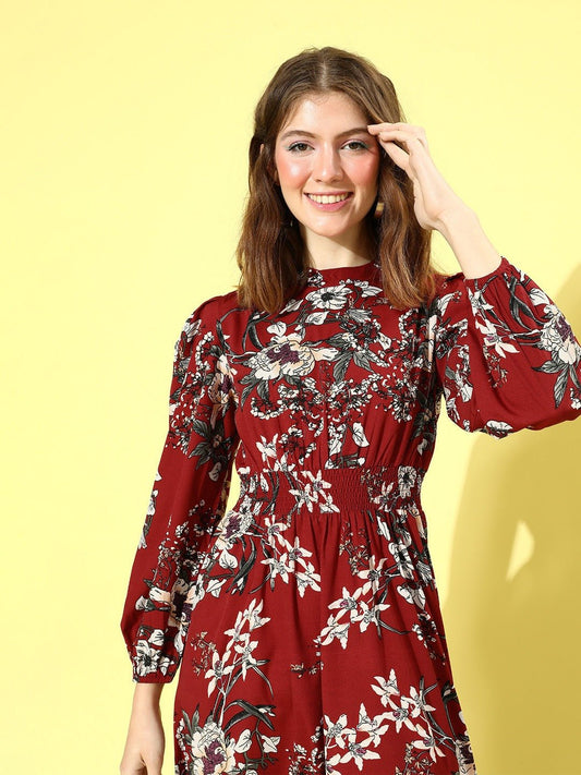 Folk Republic Women Maroon Floral Printed Mock Neck A-Line Maxi Dress - #folk republic#