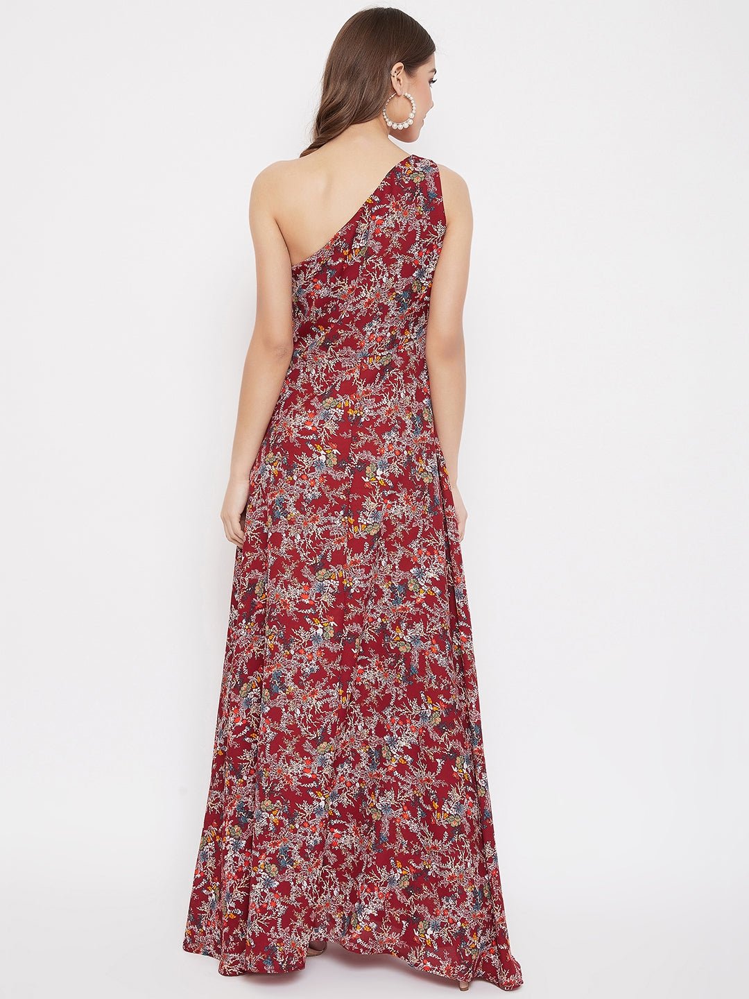 Folk Republic Women Maroon Floral Printed One Shoulder Maxi Dress - #folk republic#