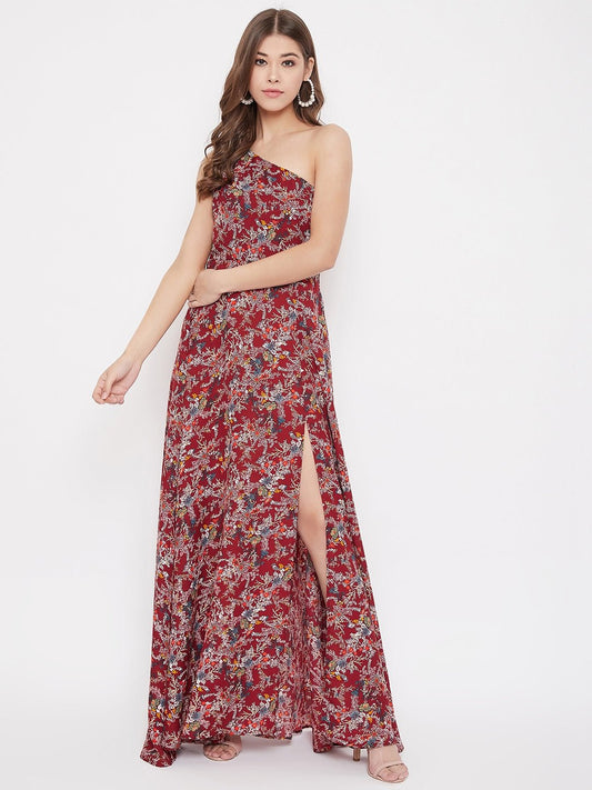 Folk Republic Women Maroon Floral Printed One Shoulder Maxi Dress - #folk republic#