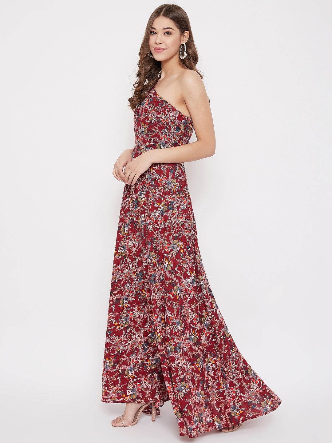 Folk Republic Women Maroon Floral Printed One Shoulder Maxi Dress - #folk republic#