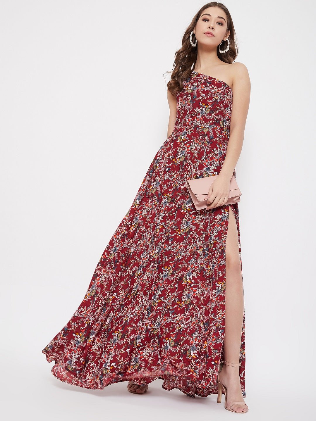 Folk Republic Women Maroon Floral Printed One Shoulder Maxi Dress - #folk republic#