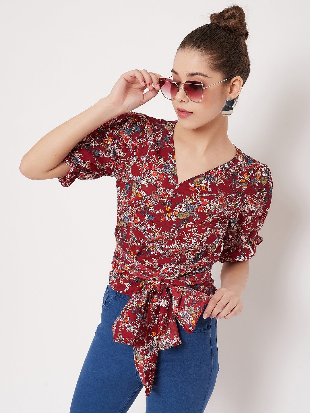 Folk Republic Women Maroon Floral Printed V-Neck Wrap Top - #folk republic#