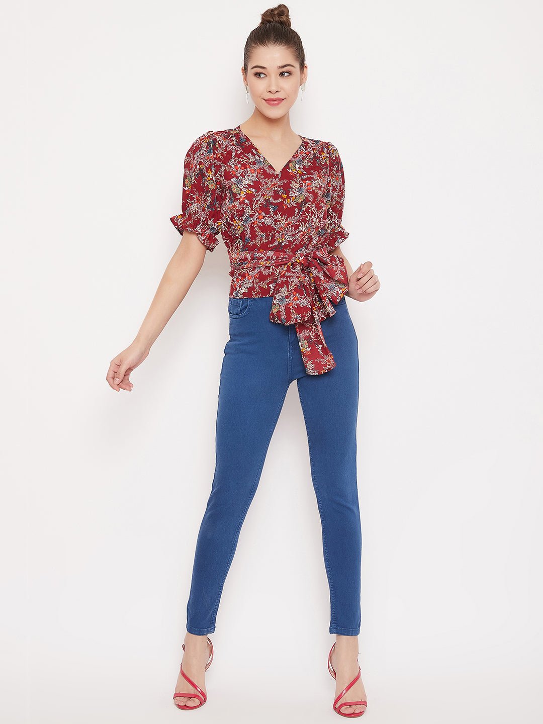 Folk Republic Women Maroon Floral Printed V-Neck Wrap Top - #folk republic#