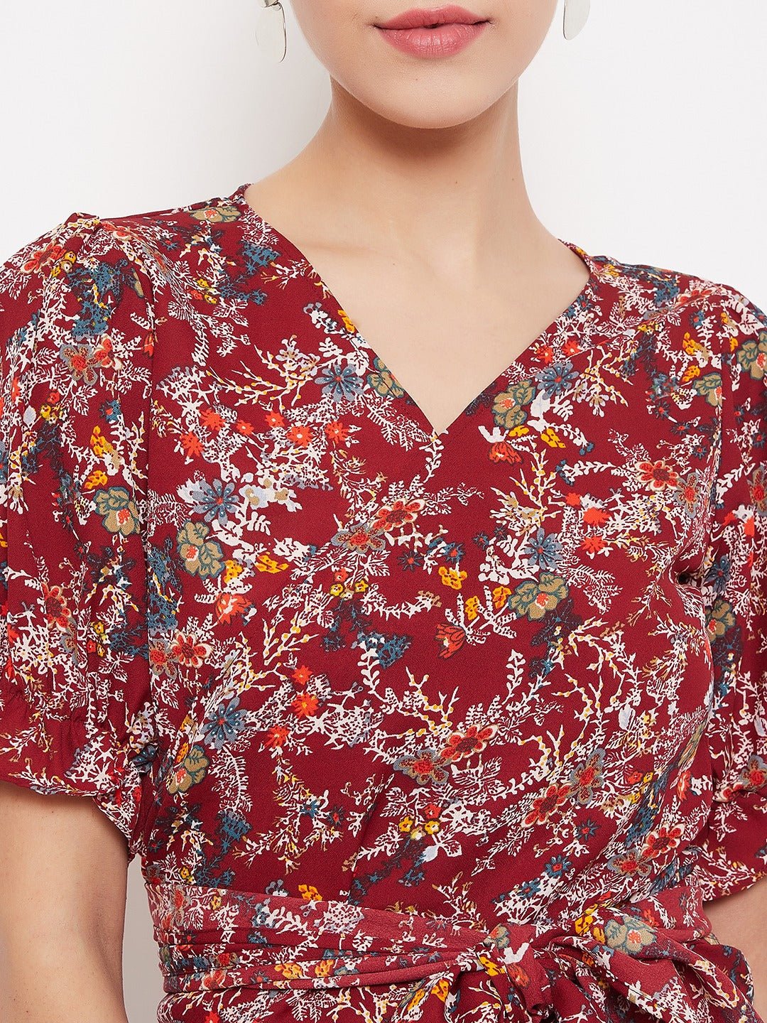 Folk Republic Women Maroon Floral Printed V-Neck Wrap Top - #folk republic#