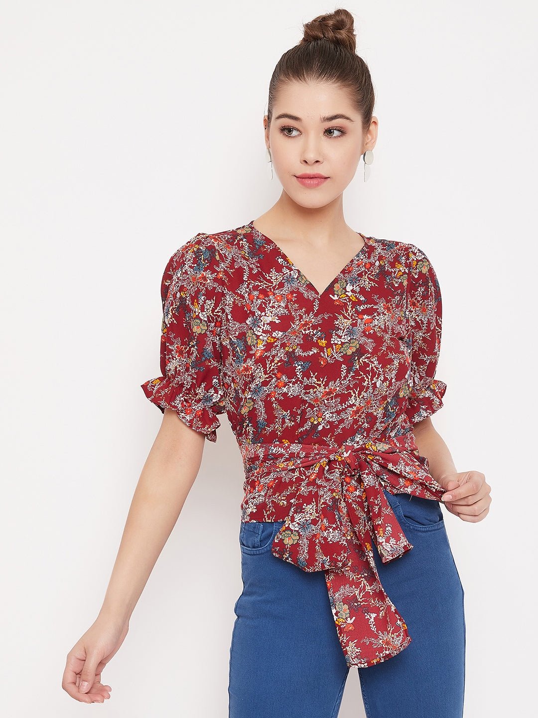 Folk Republic Women Maroon Floral Printed V-Neck Wrap Top - #folk republic#
