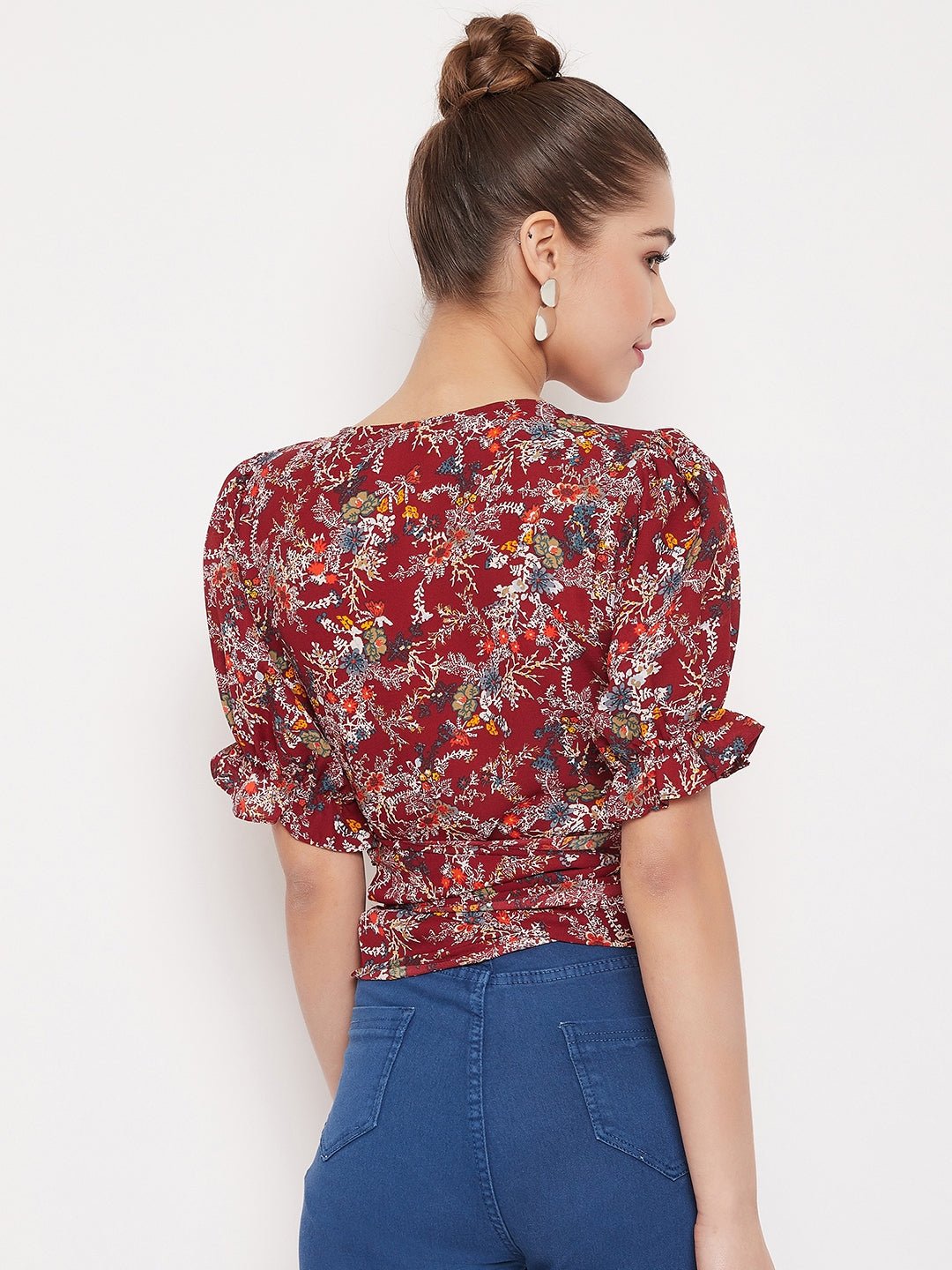 Folk Republic Women Maroon Floral Printed V-Neck Wrap Top - #folk republic#