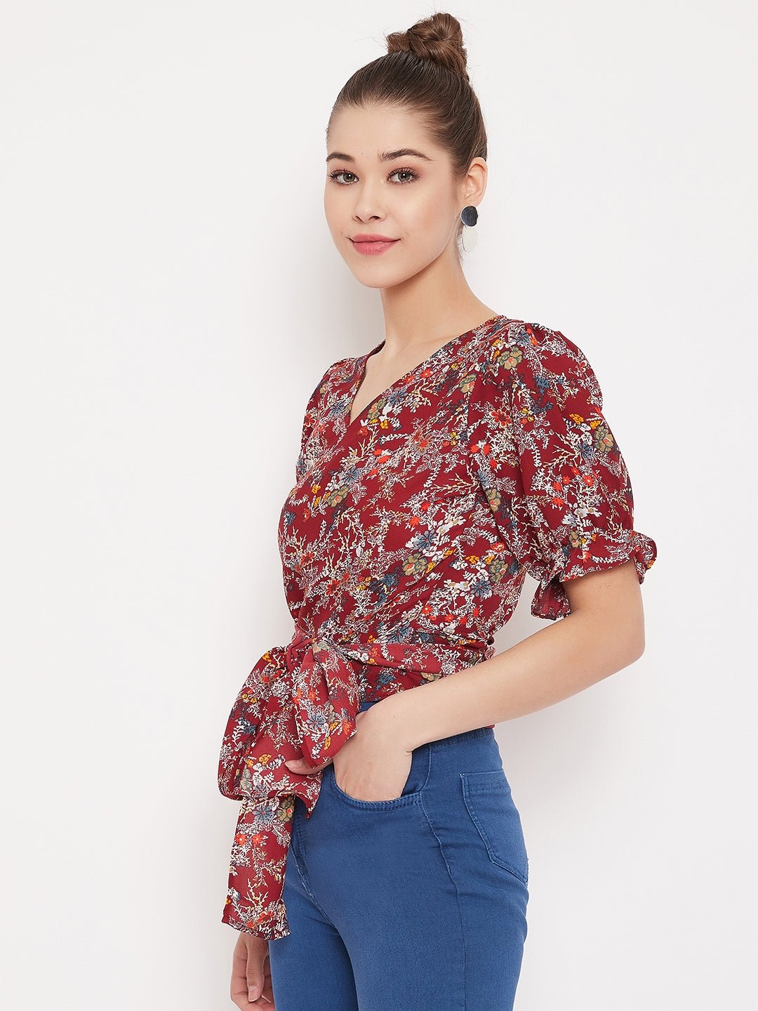 Folk Republic Women Maroon Floral Printed V-Neck Wrap Top - #folk republic#