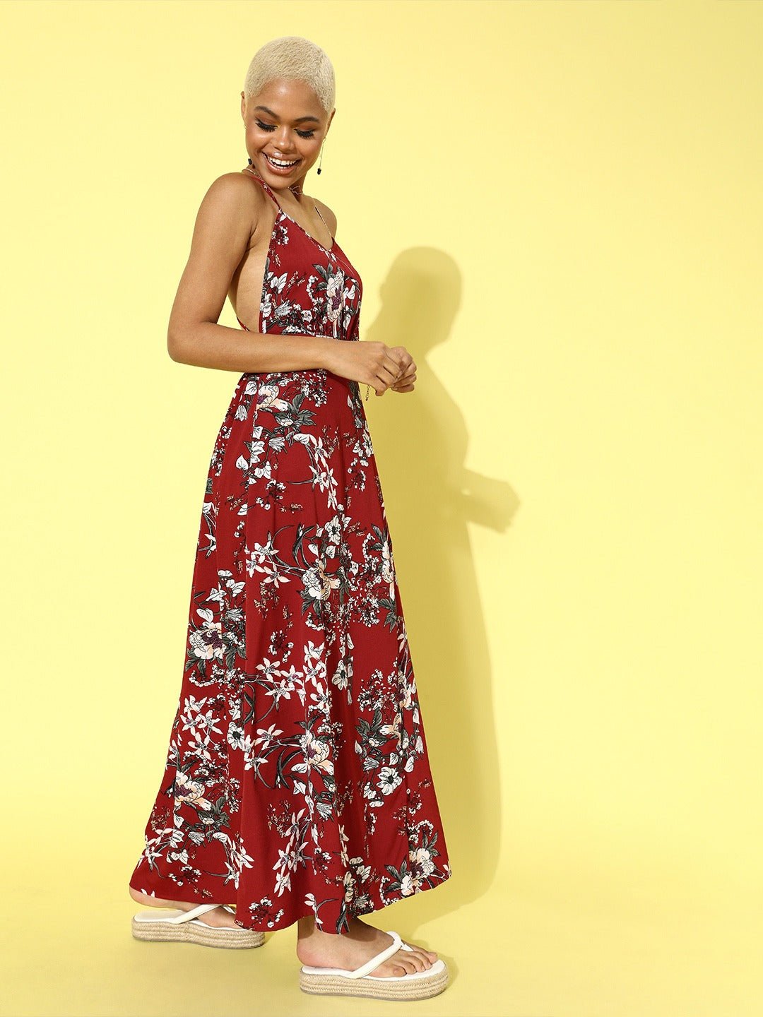 Folk Republic Women Maroon & Multicoloured Floral Printed Backless Maxi Dress - #folk republic#
