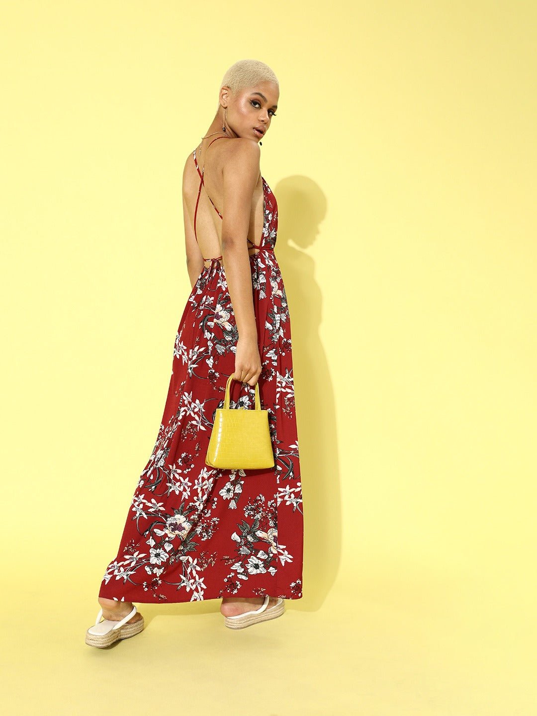 Folk Republic Women Maroon & Multicoloured Floral Printed Backless Maxi Dress - #folk republic#