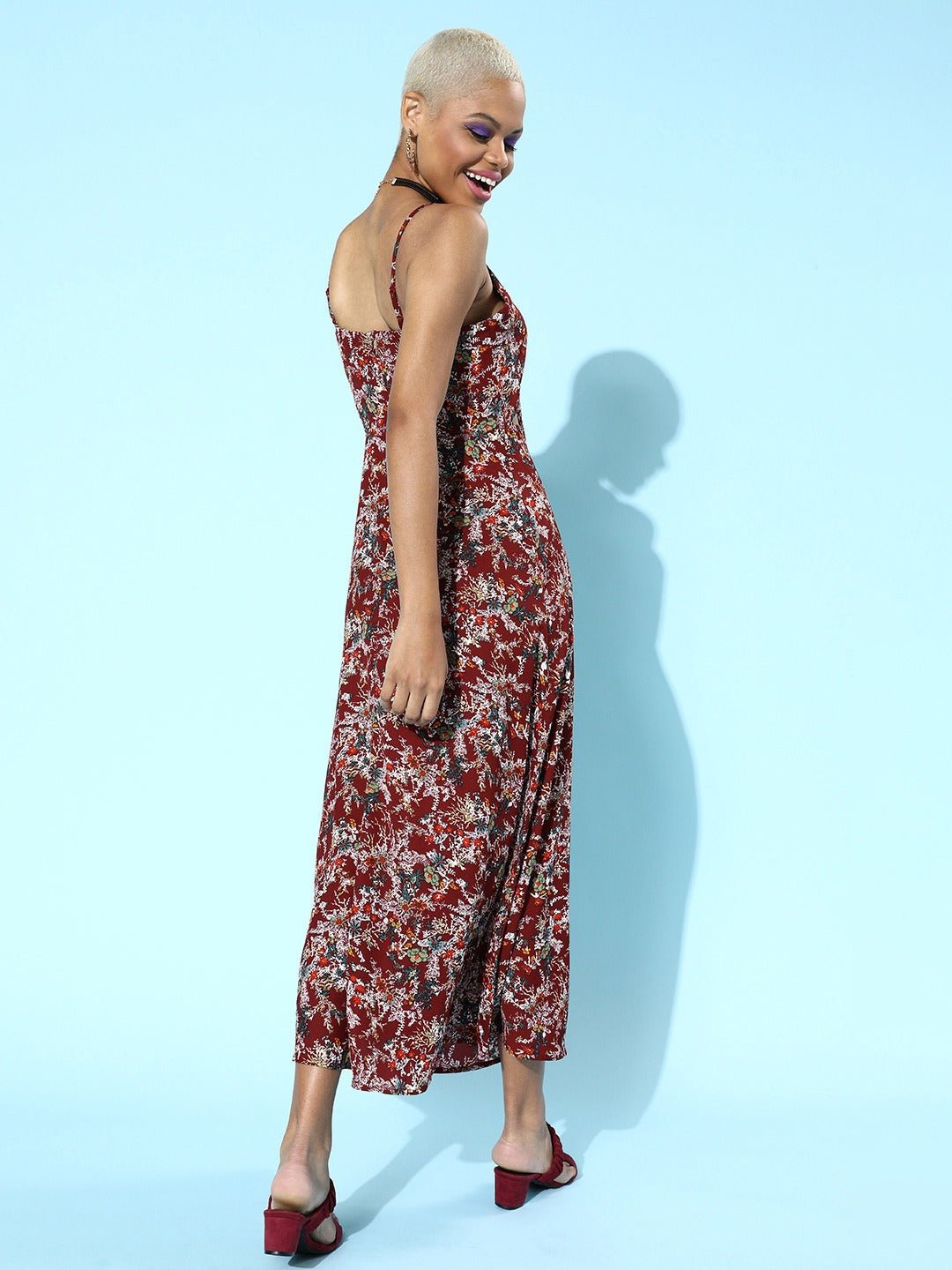 Folk Republic Women Maroon & Off-White Floral Printed V-Neck Tie-Up Front Flared Maxi Dress - #folk republic#