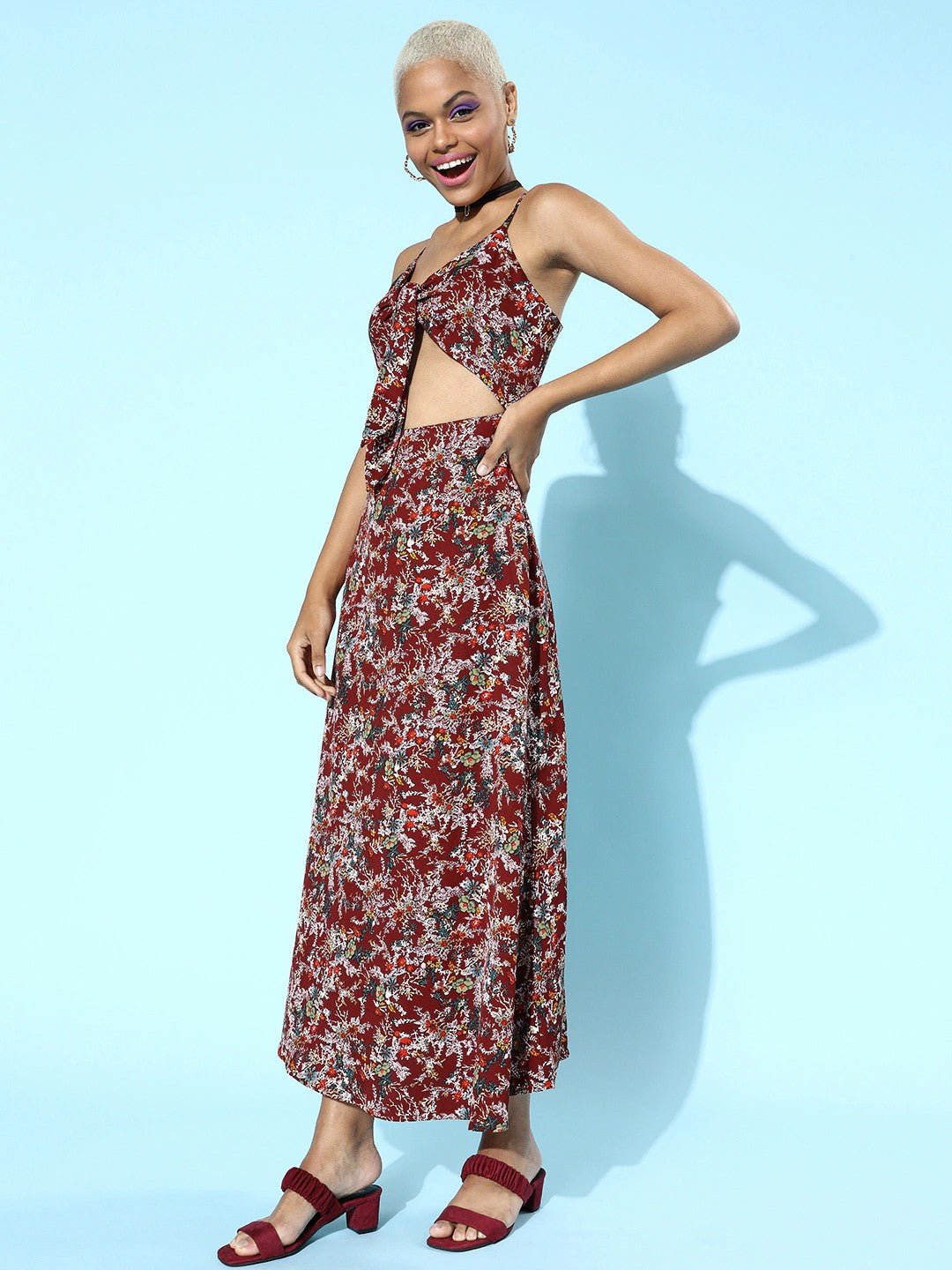 Folk Republic Women Maroon & Off-White Floral Printed V-Neck Tie-Up Front Flared Maxi Dress - #folk republic#