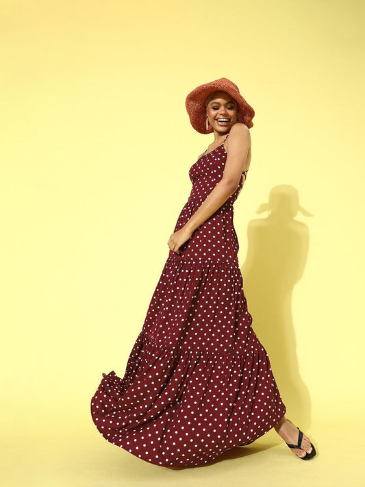 Folk Republic Women Maroon Polka Dot Printed Backless Crepe Maxi Dress - #folk republic#
