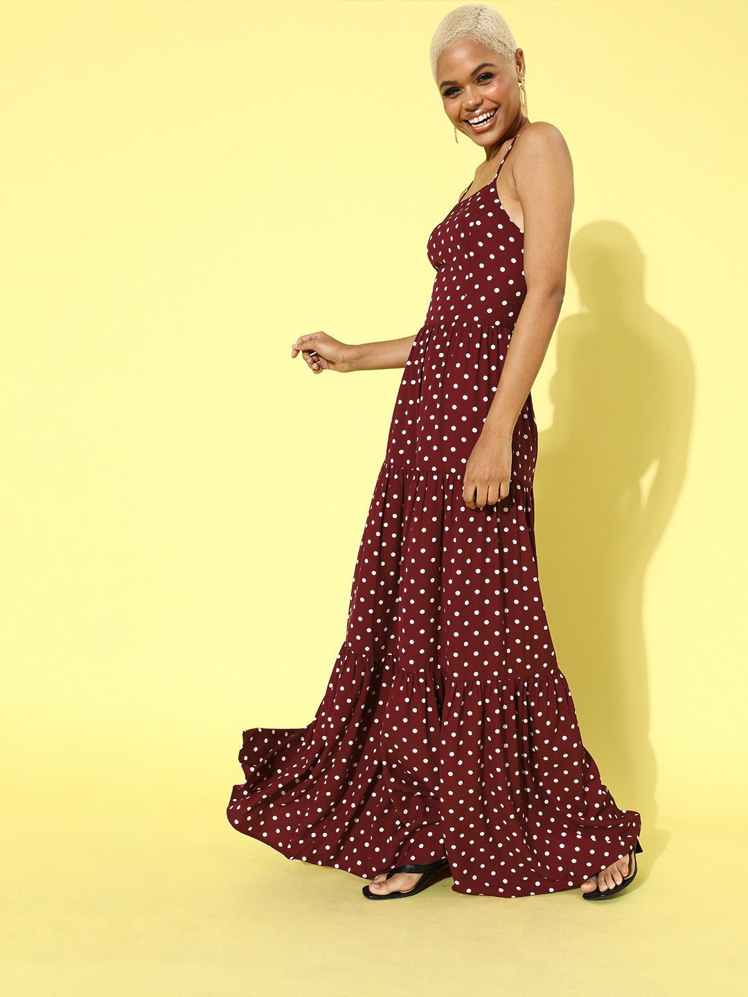 Folk Republic Women Maroon Polka Dot Printed Backless Crepe Maxi Dress - #folk republic#