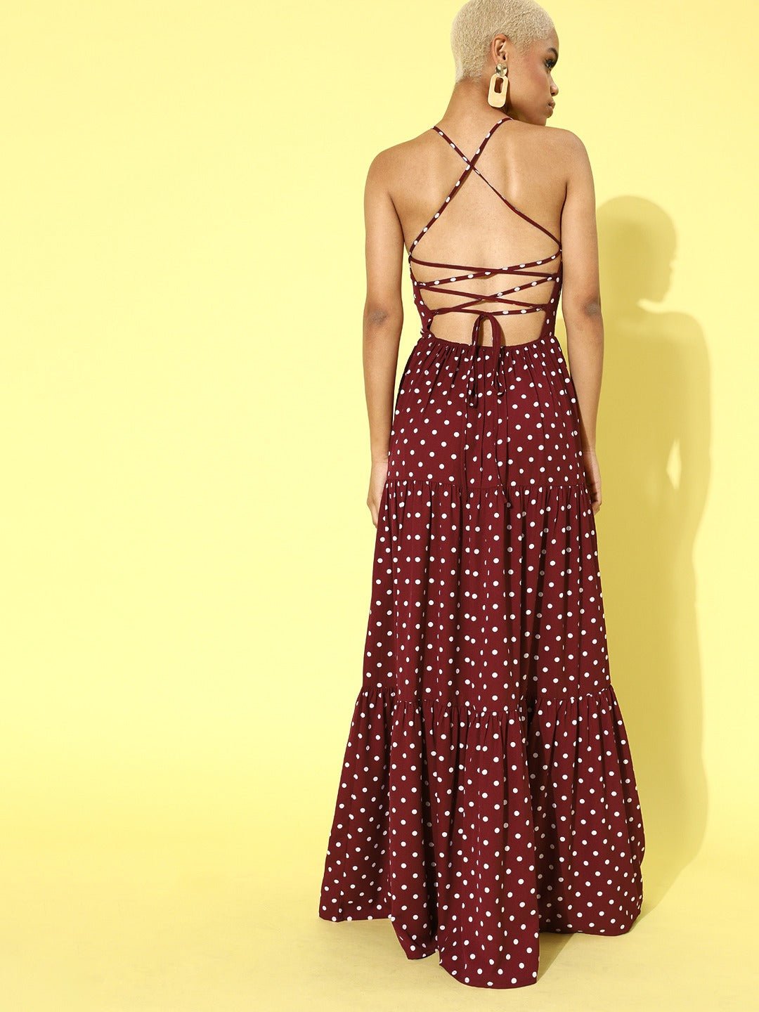Folk Republic Women Maroon Polka Dot Printed Backless Crepe Maxi Dress - #folk republic#