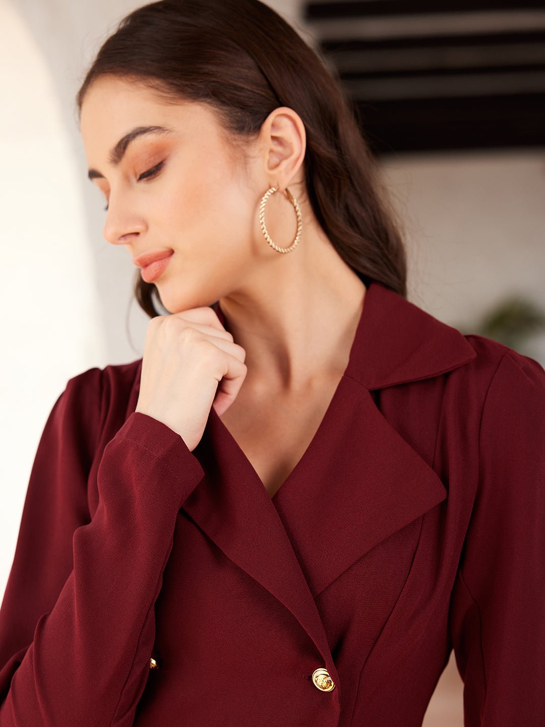 Folk Republic Women Maroon Solid Lapel Collar Double Breasted Blazer Dress - #folk republic#