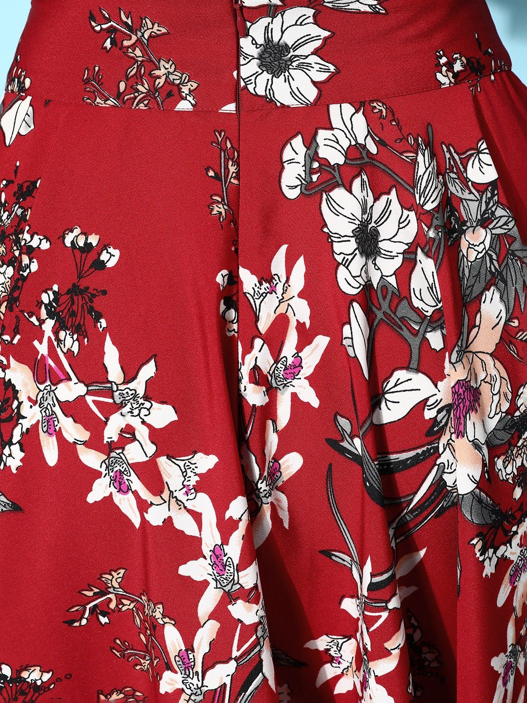 Folk Republic Women Maroon & White Floral Printed Crepe High-Rise Waist Flared A-Line Midi Skirt - #folk republic#