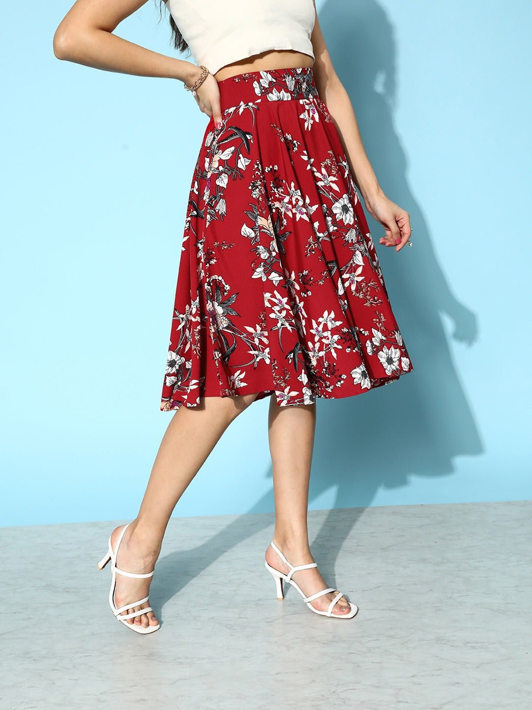 Folk Republic Women Maroon & White Floral Printed Crepe High-Rise Waist Flared A-Line Midi Skirt - #folk republic#