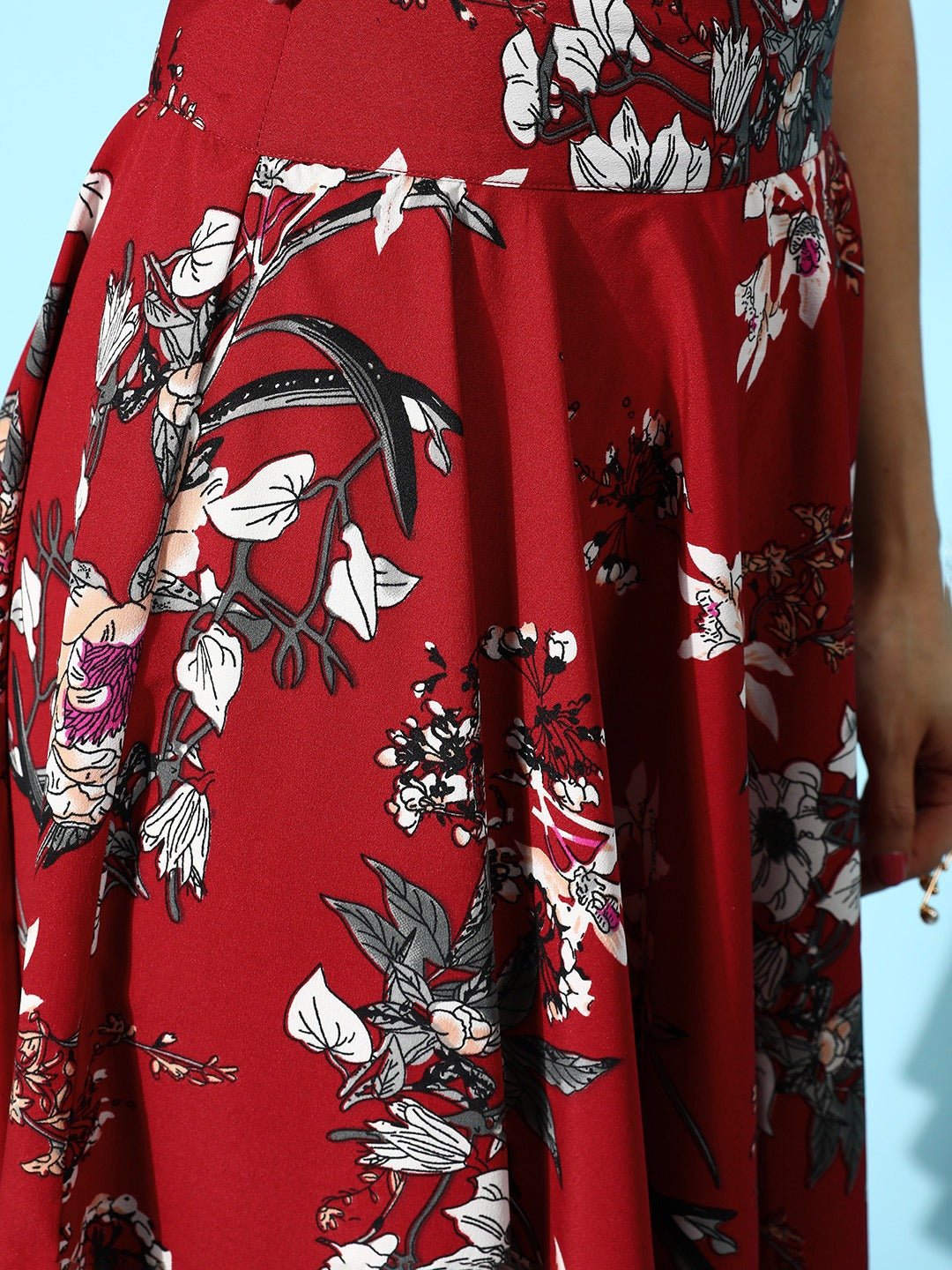 Folk Republic Women Maroon & White Floral Printed Crepe High-Rise Waist Flared A-Line Midi Skirt - #folk republic#
