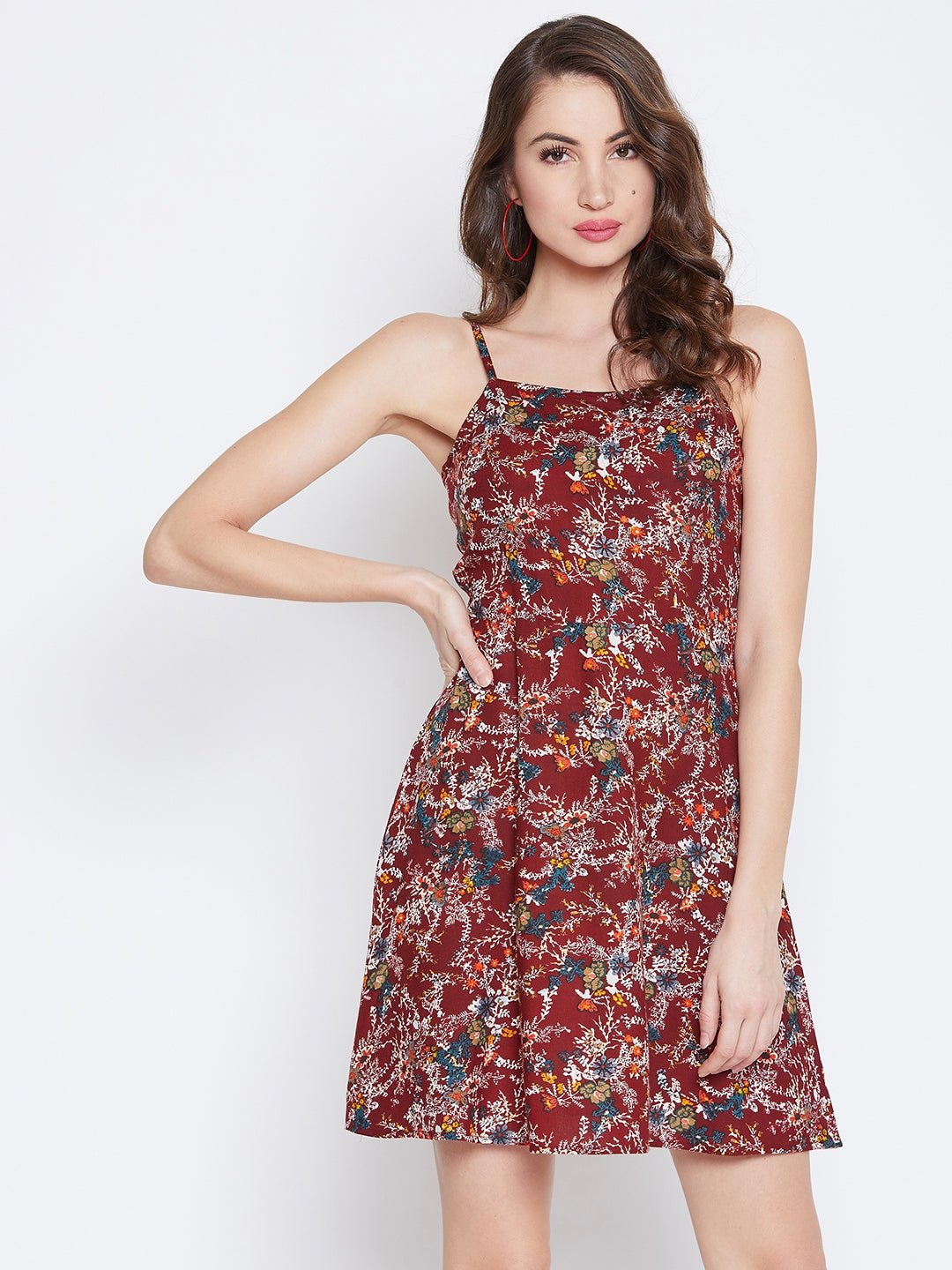 Folk Republic Women Maroon & White Floral Printed Square Neck Fit & Flare Mini Dress - #folk republic#