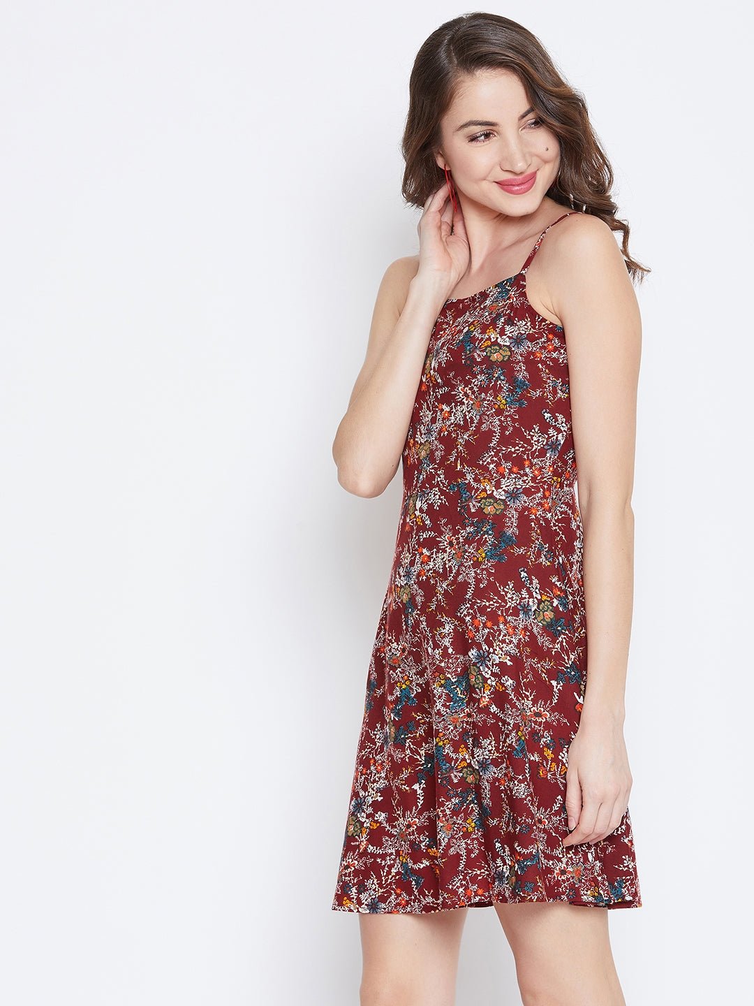 Folk Republic Women Maroon & White Floral Printed Square Neck Fit & Flare Mini Dress - #folk republic#