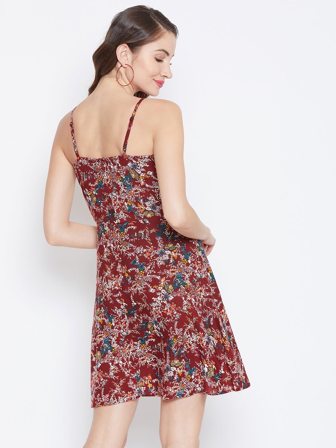 Folk Republic Women Maroon & White Floral Printed Square Neck Fit & Flare Mini Dress - #folk republic#