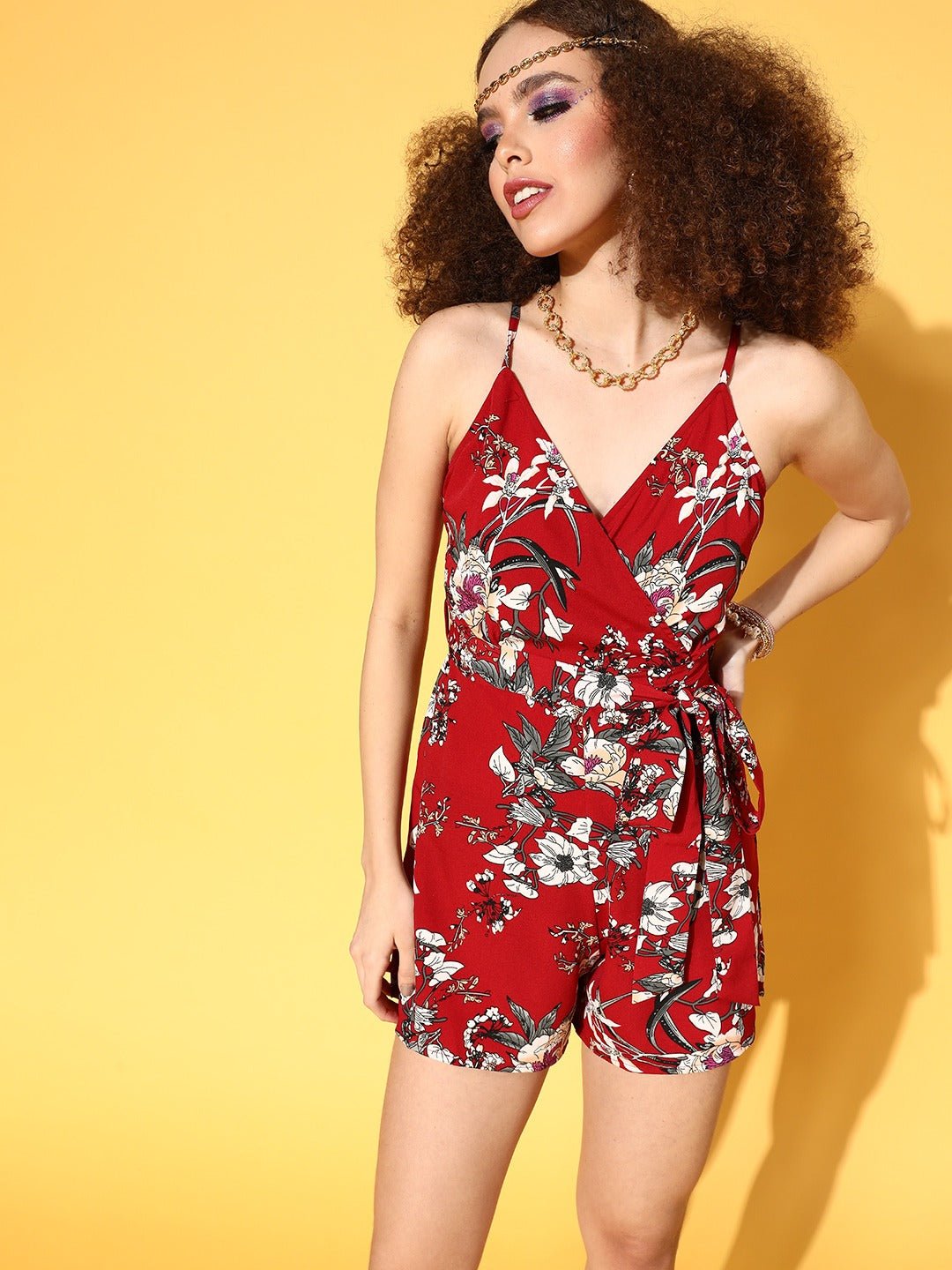 Folk Republic Women Maroon & White Floral Printed V-Neck Criss-Cross Back Tie-Up Waist Wrap Mini Playsuit - #folk republic#