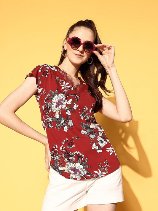 Folk Republic Women Maroon & White Floral Printed V-Neck Lace Insert Curved Regular Top - #folk republic#