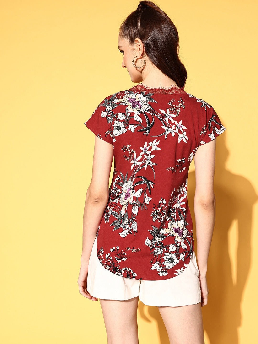 Folk Republic Women Maroon & White Floral Printed V-Neck Lace Insert Curved Regular Top - #folk republic#