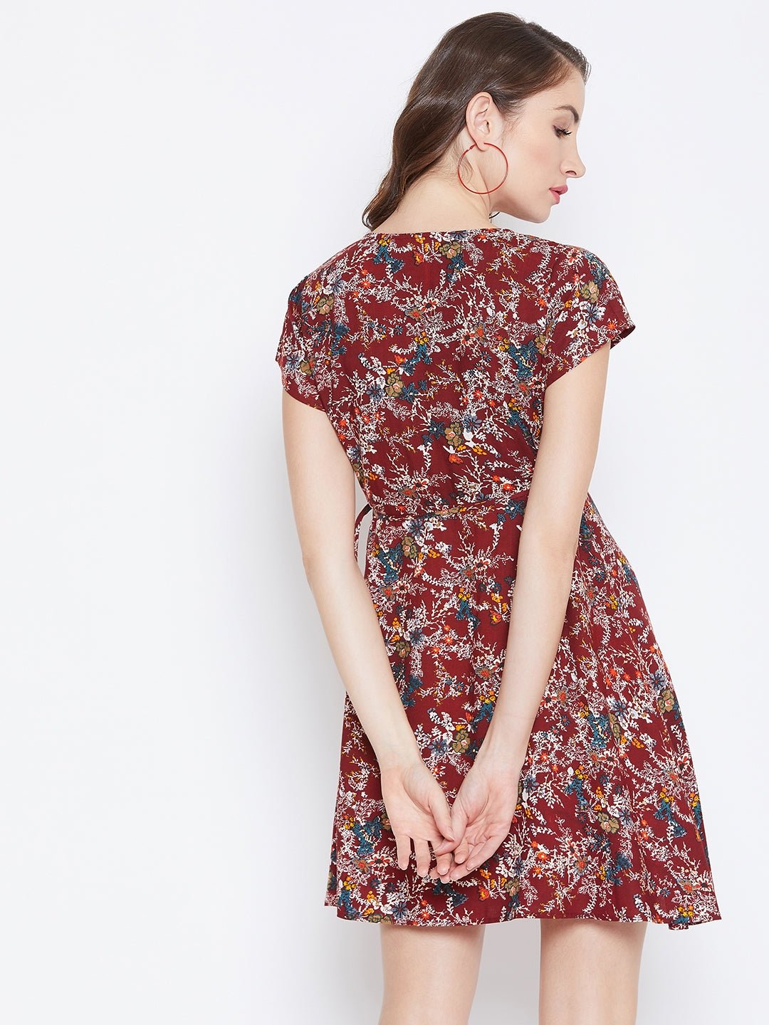 Folk Republic Women Maroon & White Floral Printed V-Neck Tie-Up Waist Wrap Mini Dress - #folk republic#
