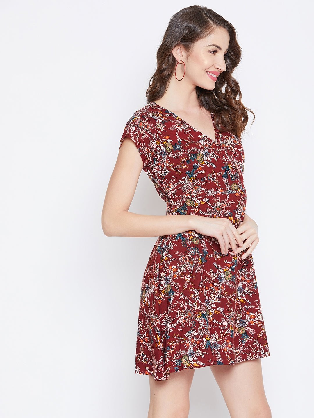 Folk Republic Women Maroon & White Floral Printed V-Neck Tie-Up Waist Wrap Mini Dress - #folk republic#