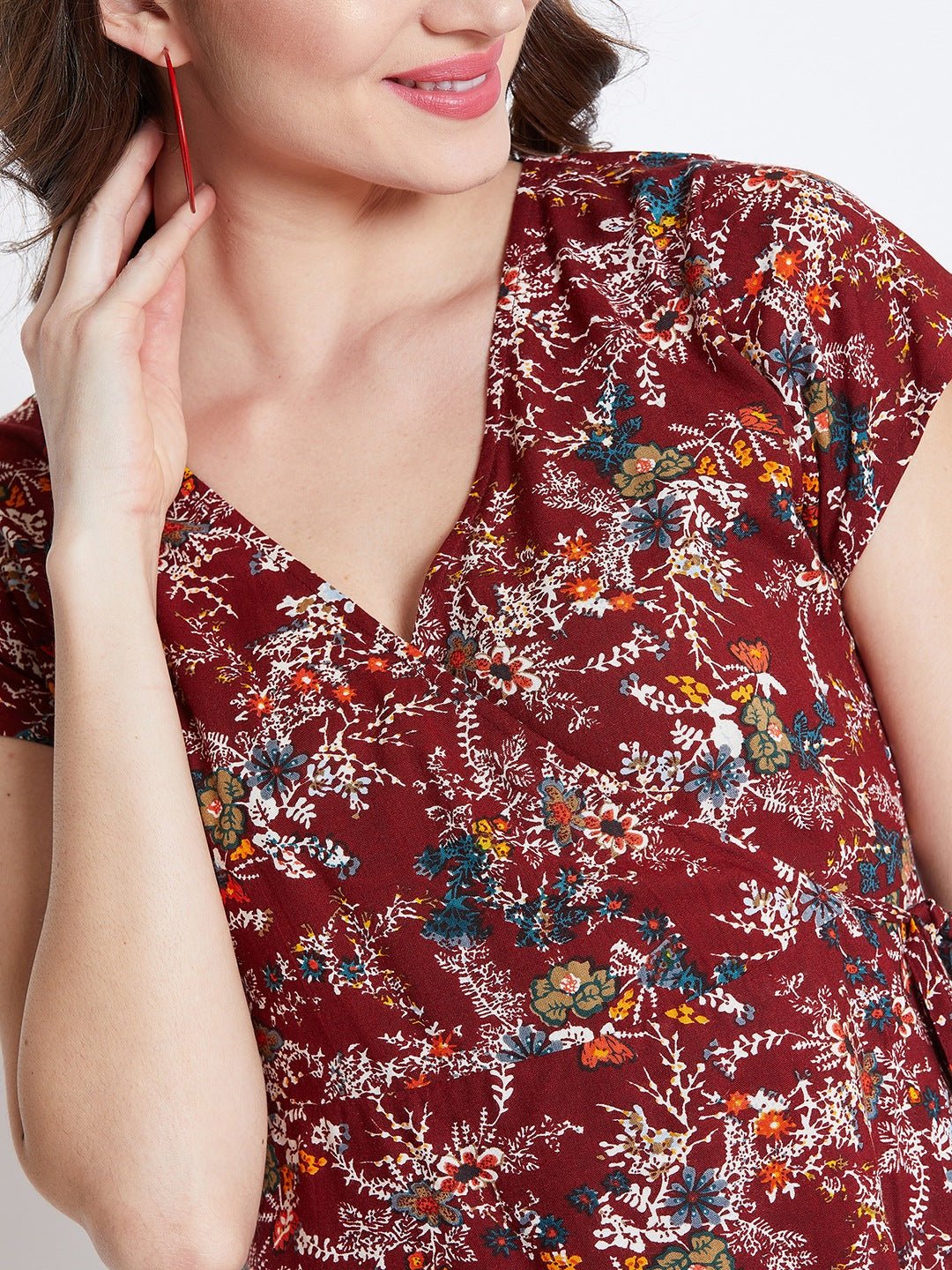 Folk Republic Women Maroon & White Floral Printed V-Neck Tie-Up Waist Wrap Mini Dress - #folk republic#