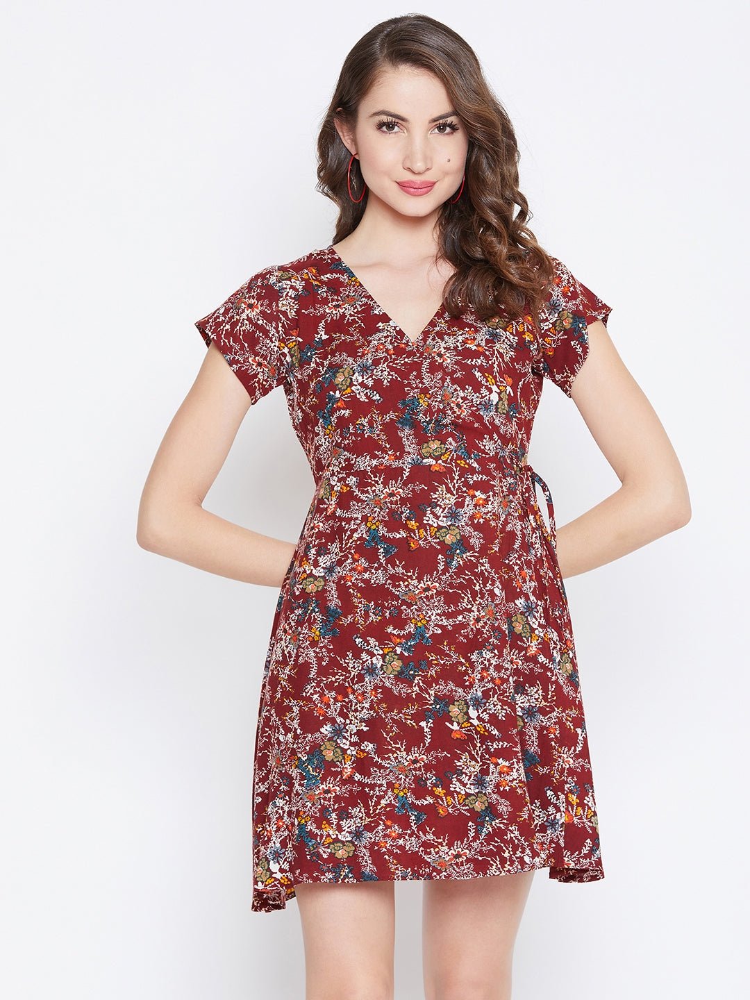 Folk Republic Women Maroon & White Floral Printed V-Neck Tie-Up Waist Wrap Mini Dress - #folk republic#