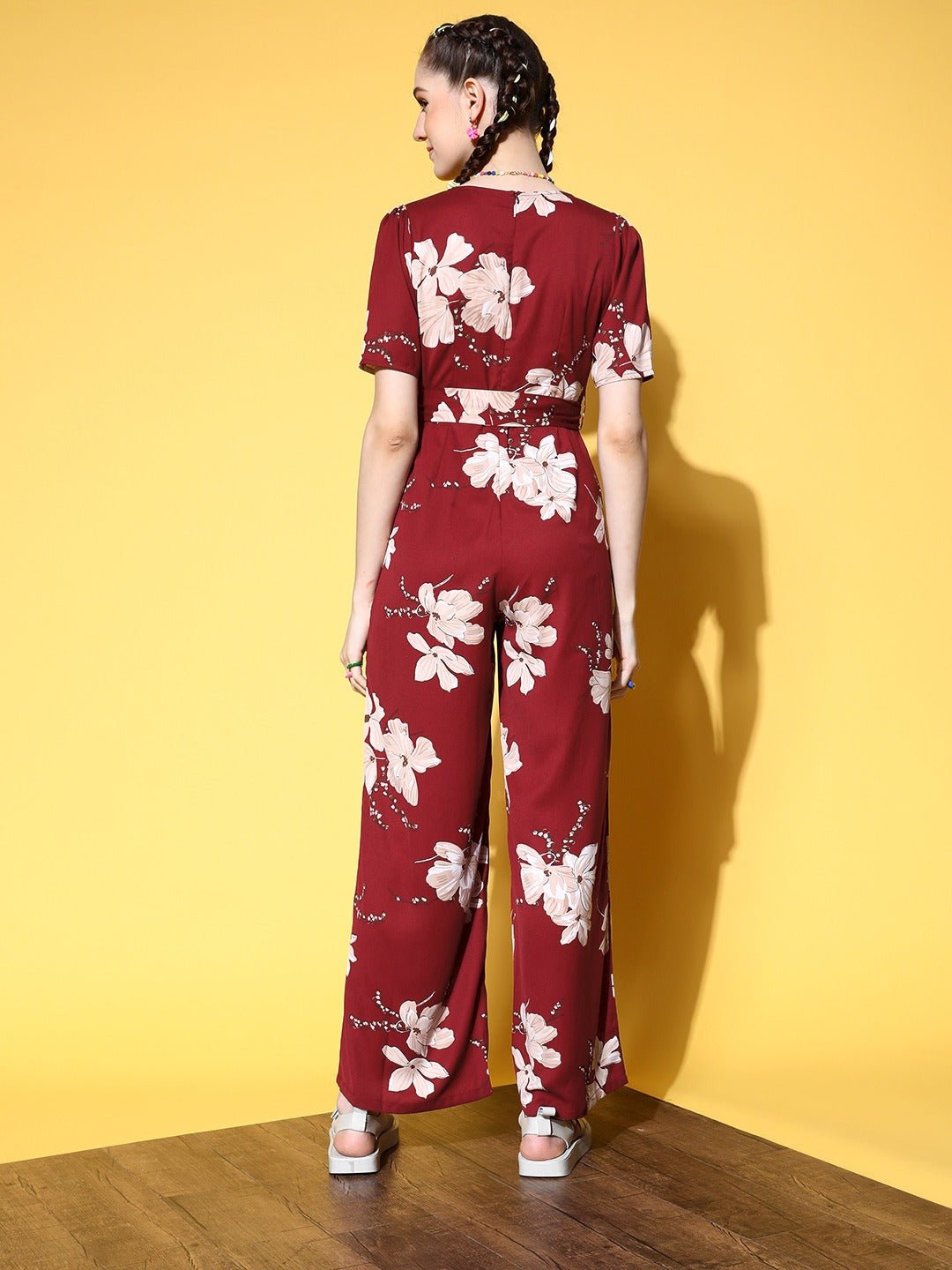 Folk Republic Women Maroon & White Floral Printed V-Neck Waist Tie-Up Polyester Basic Jumpsuit - #folk republic#