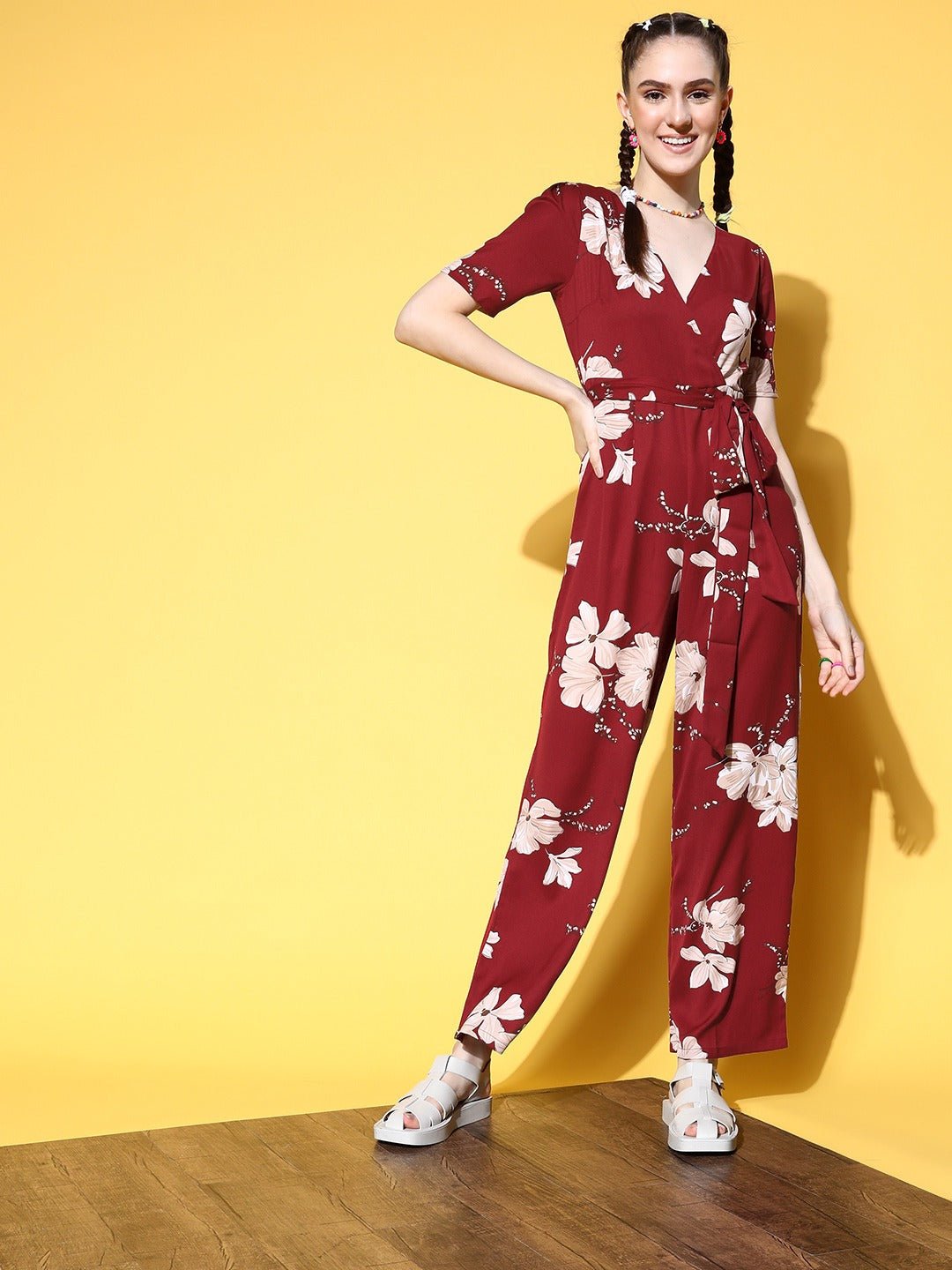 Folk Republic Women Maroon & White Floral Printed V-Neck Waist Tie-Up Polyester Basic Jumpsuit - #folk republic#