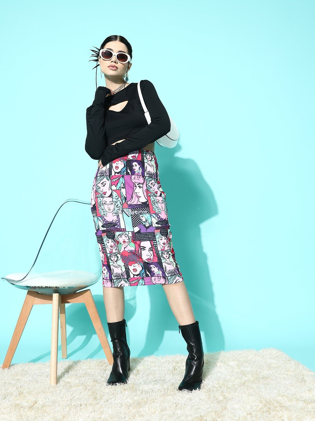 Folk Republic Women Multi Color Graphic Printed High Rise Midi Pencil Skirt - #folk republic#