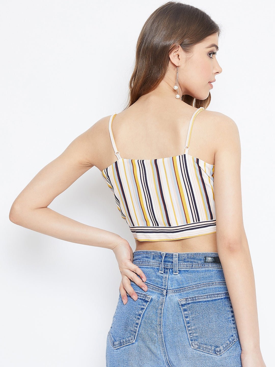Folk Republic Women Multi-Colour Striped Pattern V-Neck Tie-Up Knot Crop Top - #folk republic#