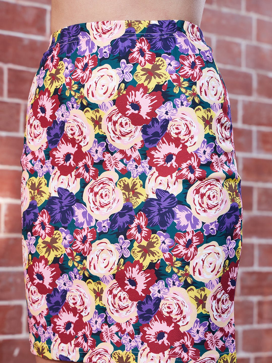 Folk Republic Women Multicolour Floral Printed Elastic Waist Slip-On Straight Hem Knitted Pencil Mini Skirt - #folk republic#