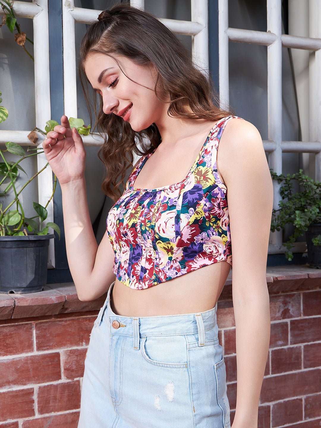 Folk Republic Women Multicolour Floral Printed Scoop Neck Sleeveless Crepe Cropped Top - #folk republic#