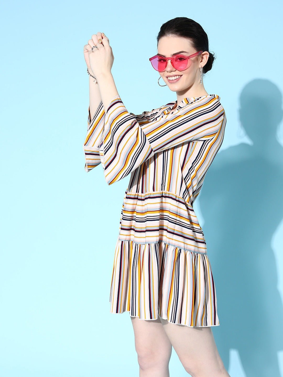 Folk Republic Women Multicolour Stripe Printed Mandarin Collar Neck Flounce Hem Pleated A-Line Mini Dress - #folk republic#