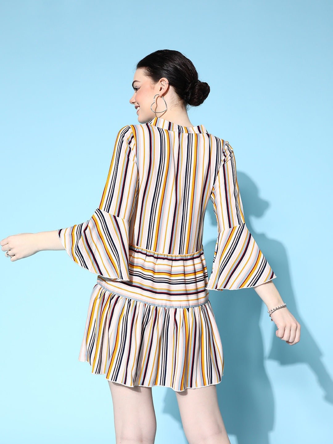 Folk Republic Women Multicolour Stripe Printed Mandarin Collar Neck Flounce Hem Pleated A-Line Mini Dress - #folk republic#