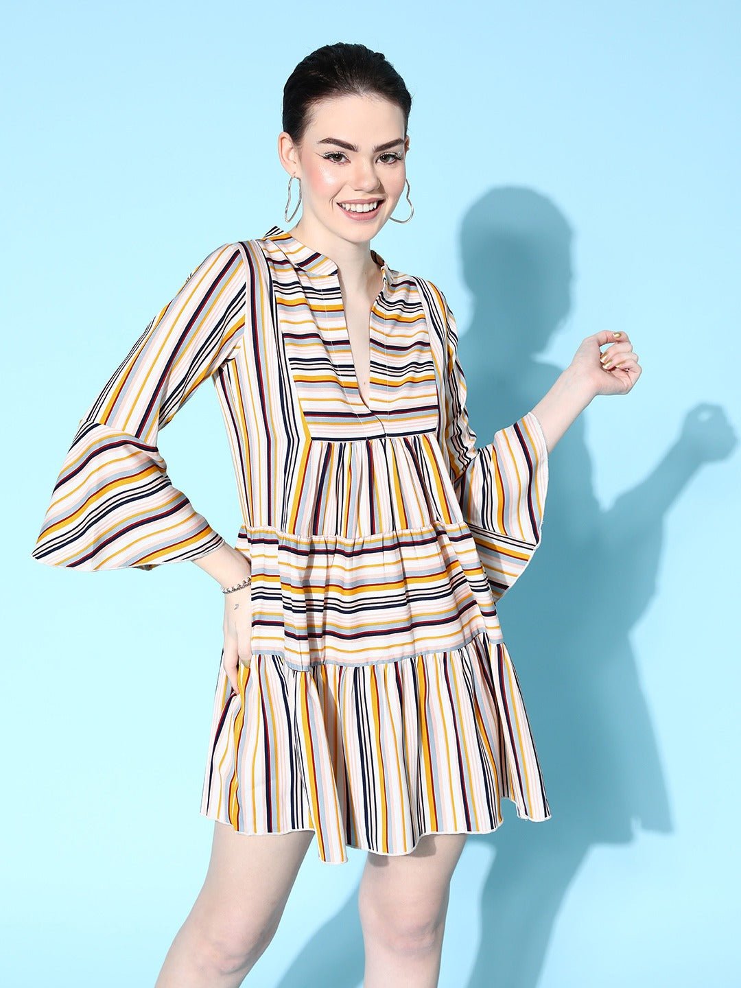 Folk Republic Women Multicolour Stripe Printed Mandarin Collar Neck Flounce Hem Pleated A-Line Mini Dress - #folk republic#