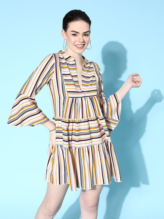 Folk Republic Women Multicolour Stripe Printed Mandarin Collar Neck Flounce Hem Pleated A-Line Mini Dress - #folk republic#