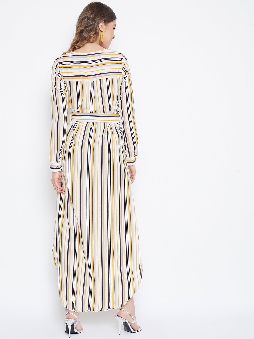 Folk Republic Women Multicolour Striped Pattern V-Neck Waist Tie-Up Maxi Dress - #folk republic#