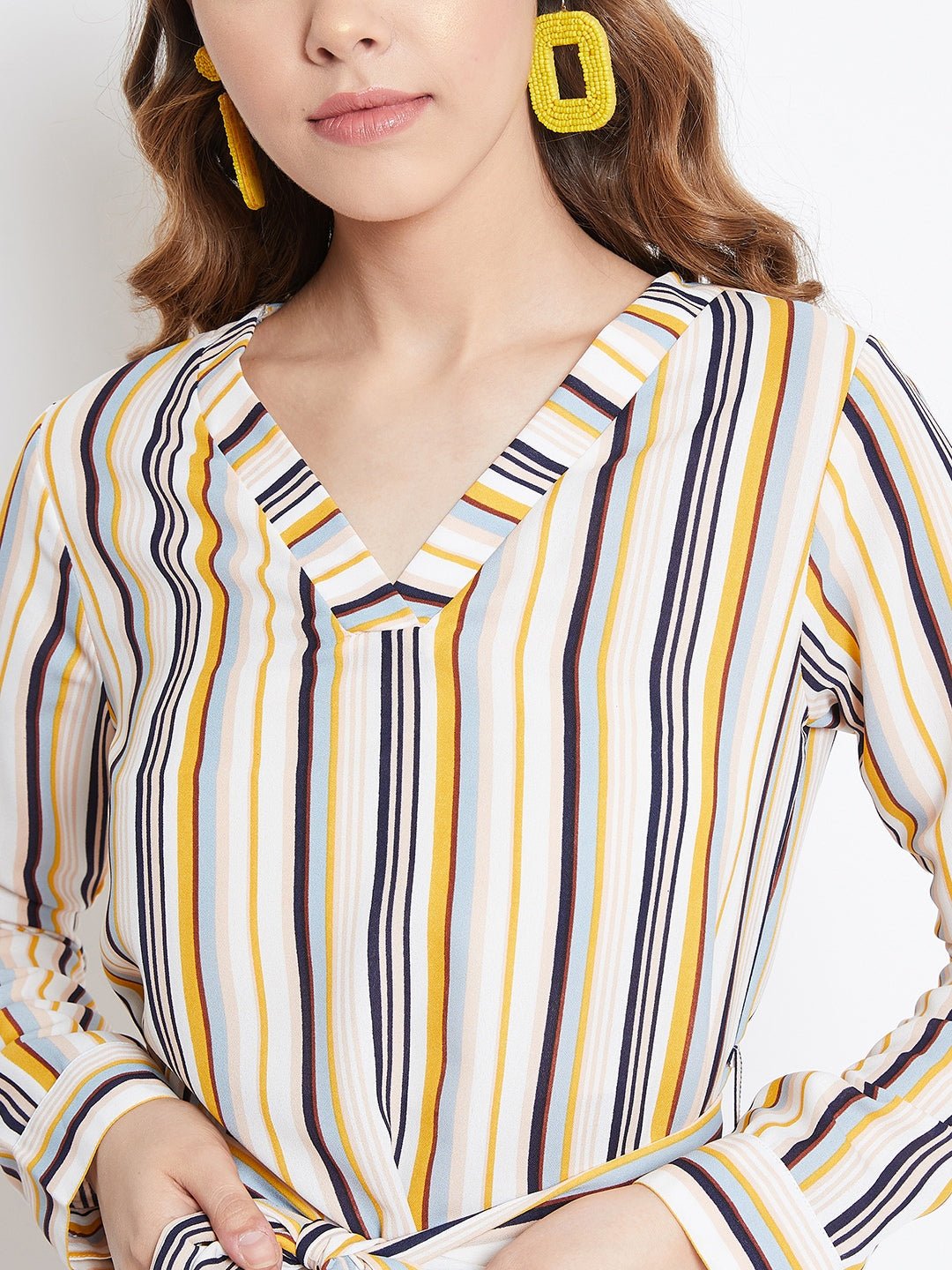 Folk Republic Women Multicolour Striped Pattern V-Neck Waist Tie-Up Maxi Dress - #folk republic#