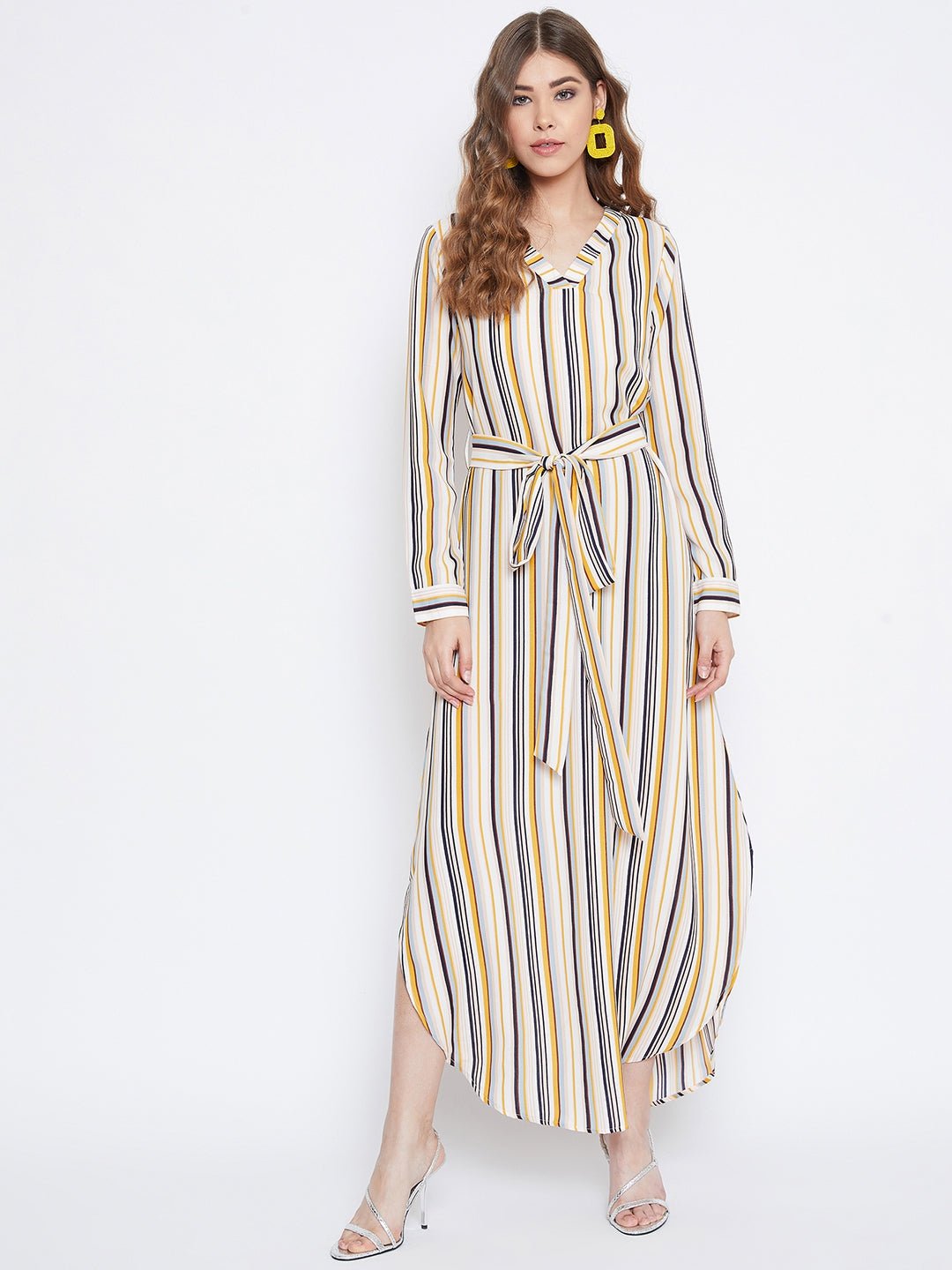 Folk Republic Women Multicolour Striped Pattern V-Neck Waist Tie-Up Maxi Dress - #folk republic#