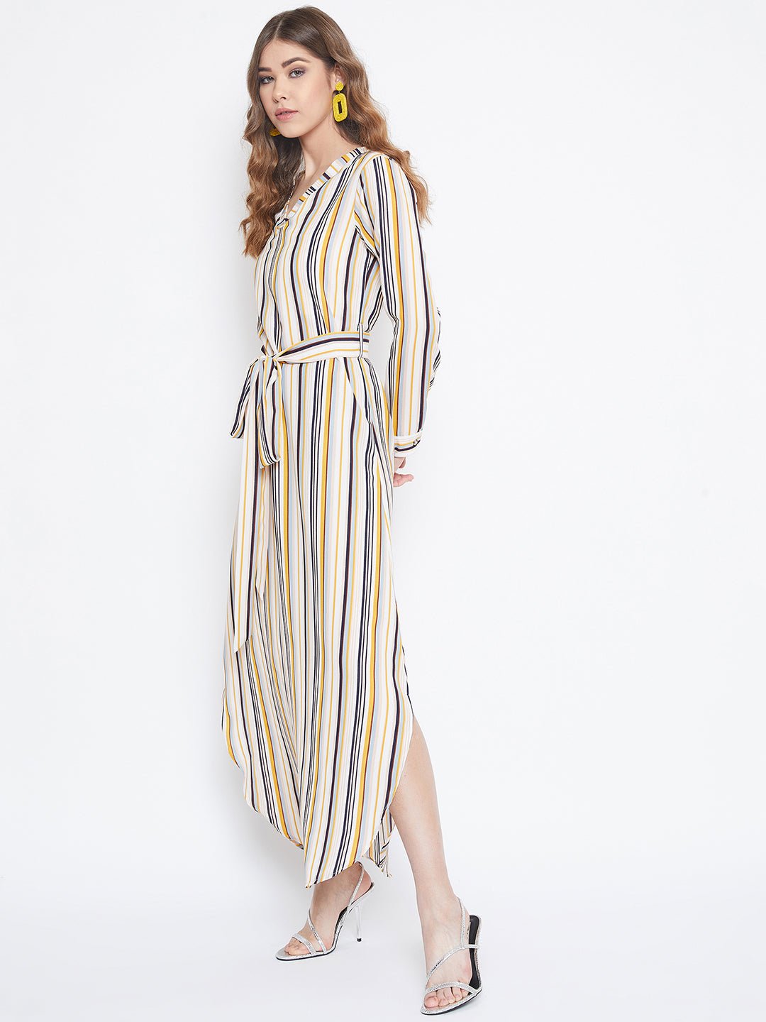 Folk Republic Women Multicolour Striped Pattern V-Neck Waist Tie-Up Maxi Dress - #folk republic#